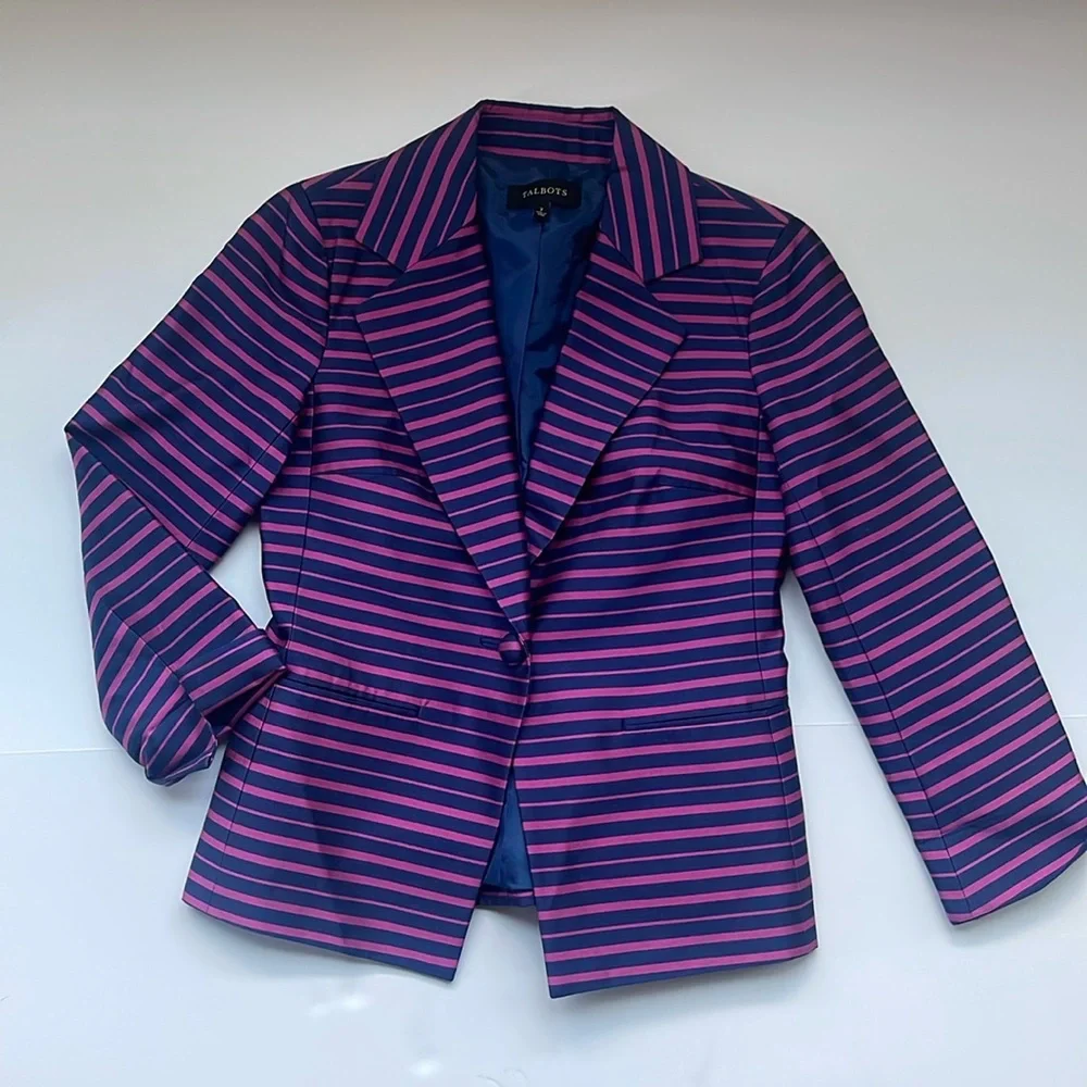 Talbots Grace Fit Pink Navy  Stripe Doupioni Silk Blend Blazer